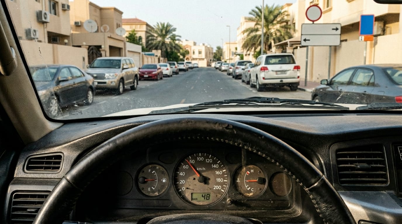 Close-up photograph of a vehicle dashboard and windshield showing speedometer and traffic signs on a residential street with parked cars