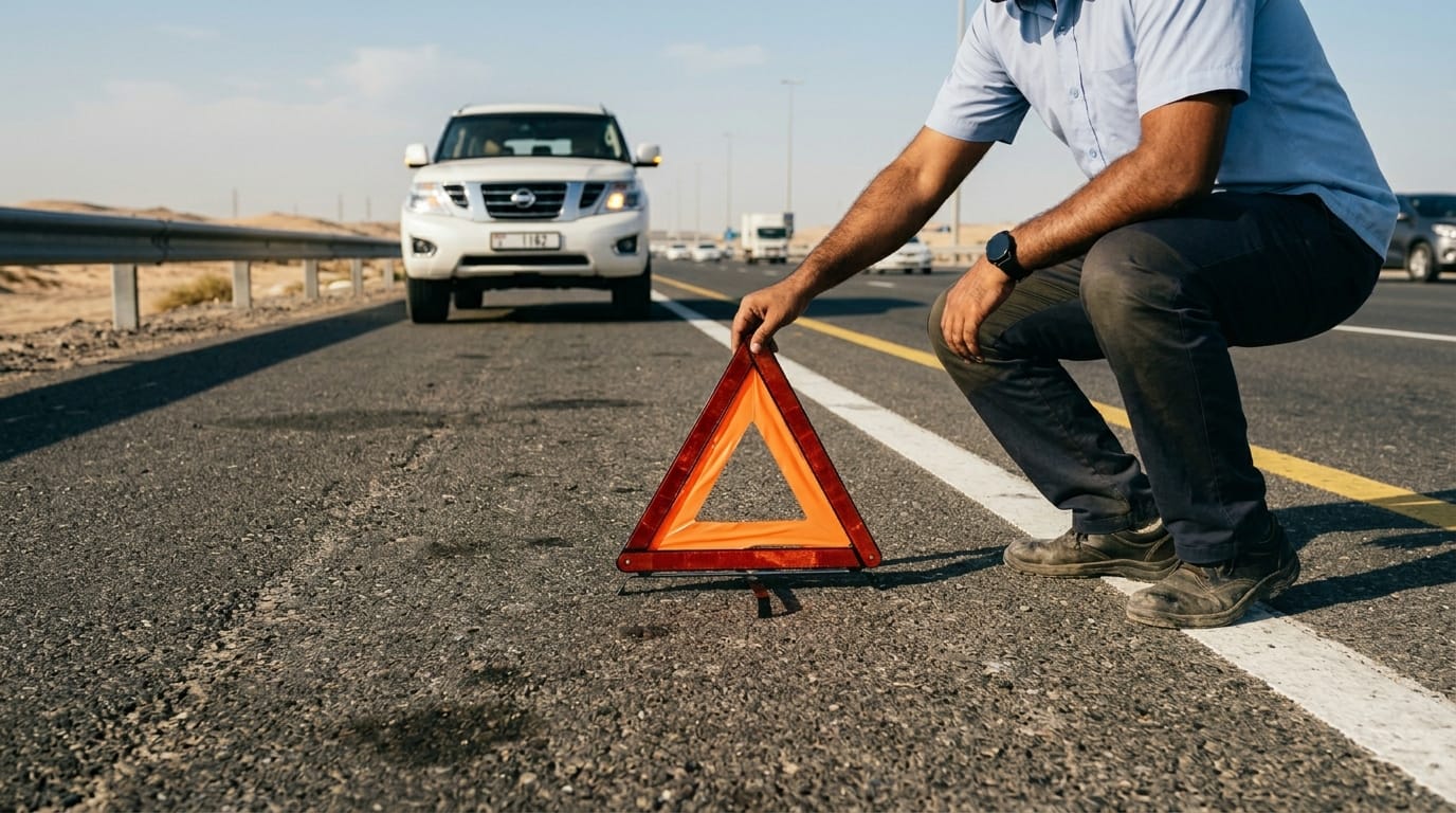 Male South Asian driver placing an orange warning triangle on the hard shoulder of a UAE multi-lane highway behind a stopped silver SUV with hazard lights flashing