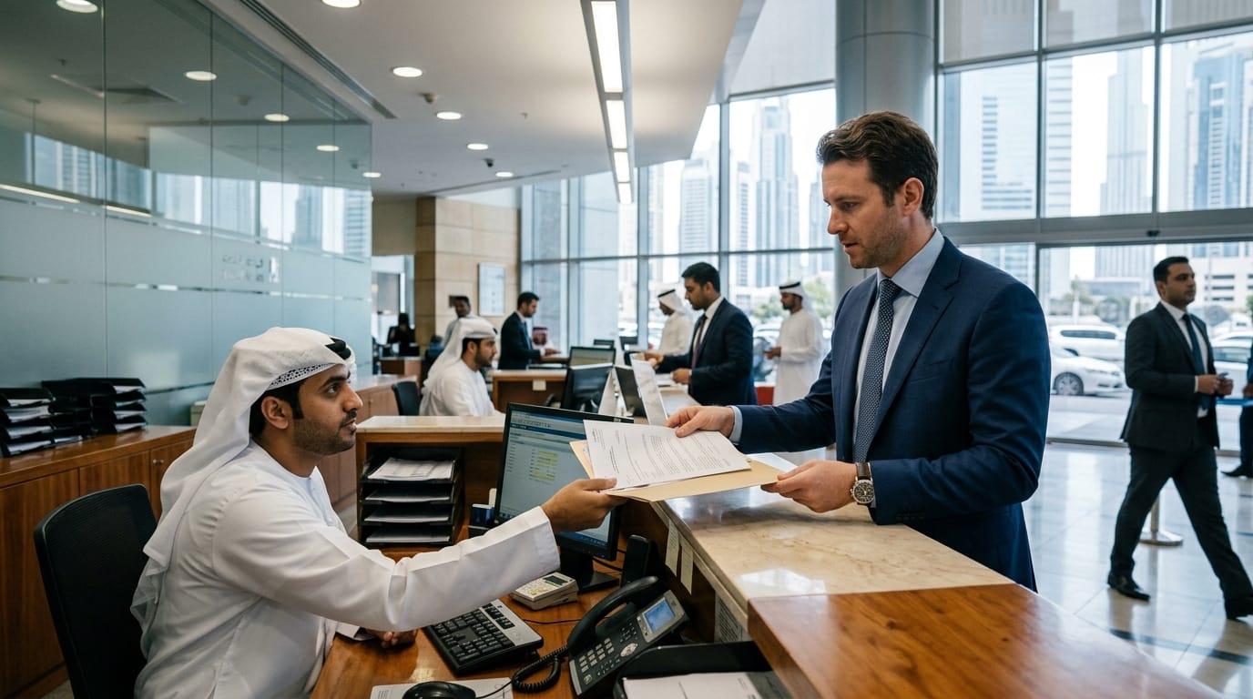 British expat presenting documents at a UAE bank counter for car finance application
