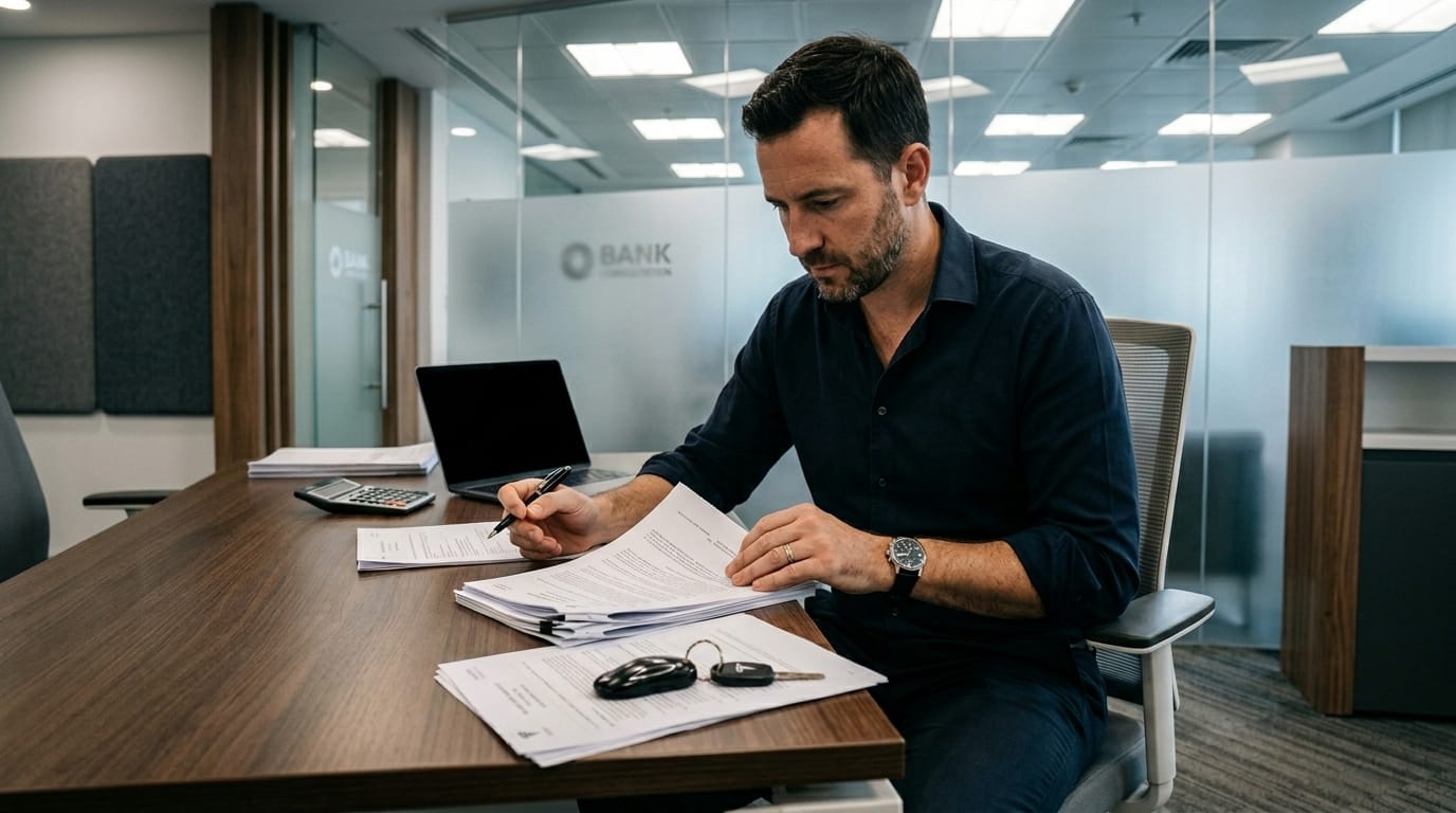 Male expat professional in business casual reviewing printed vehicle loan documents at a bank desk in Dubai with car keys placed in the foreground
