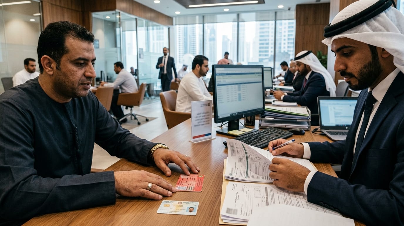 UAE bank loan officer reviewing car refinancing documents at a desk in Dubai financial district