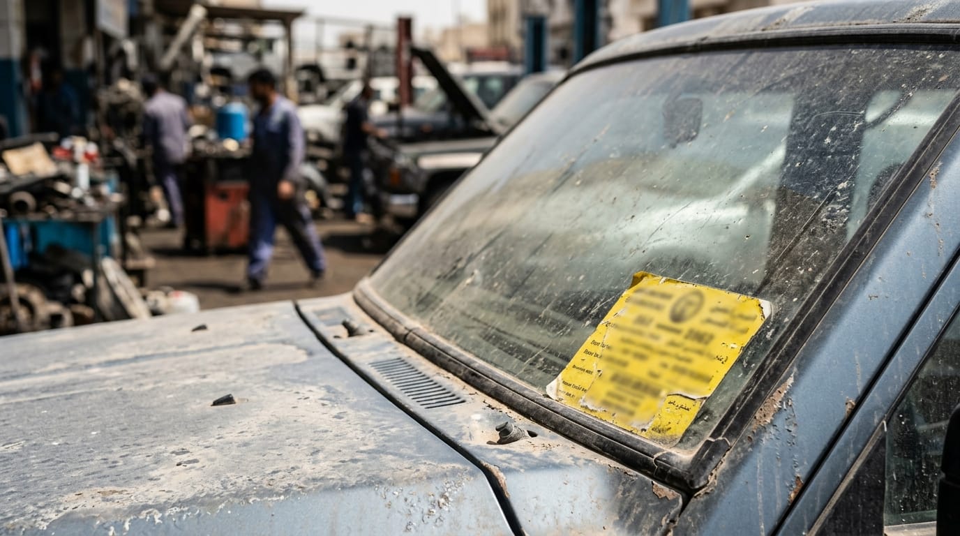 Yellow warning sticker placed on windshield of unattended dusty vehicle in Dubai street parking