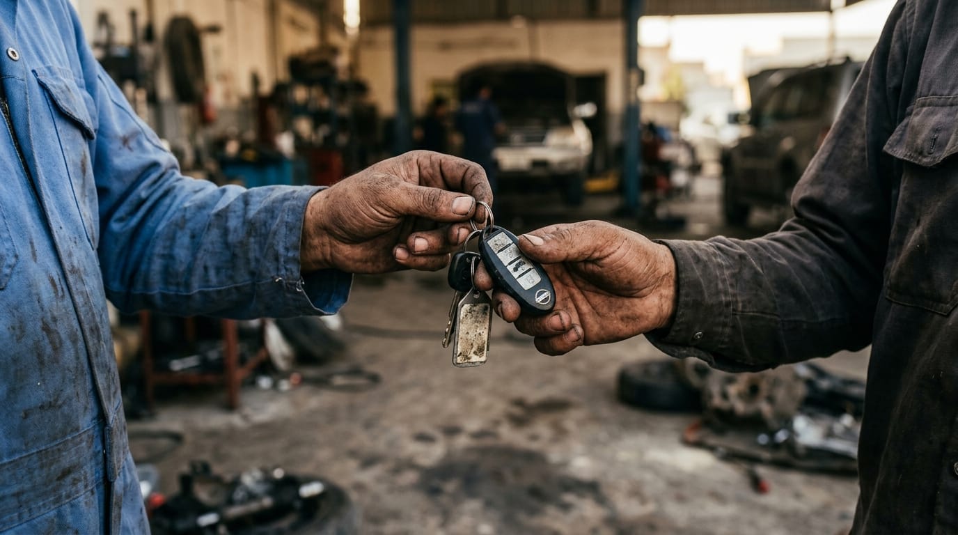 Keys exchange between private seller and buyer at Abu Shagara Sharjah used car area