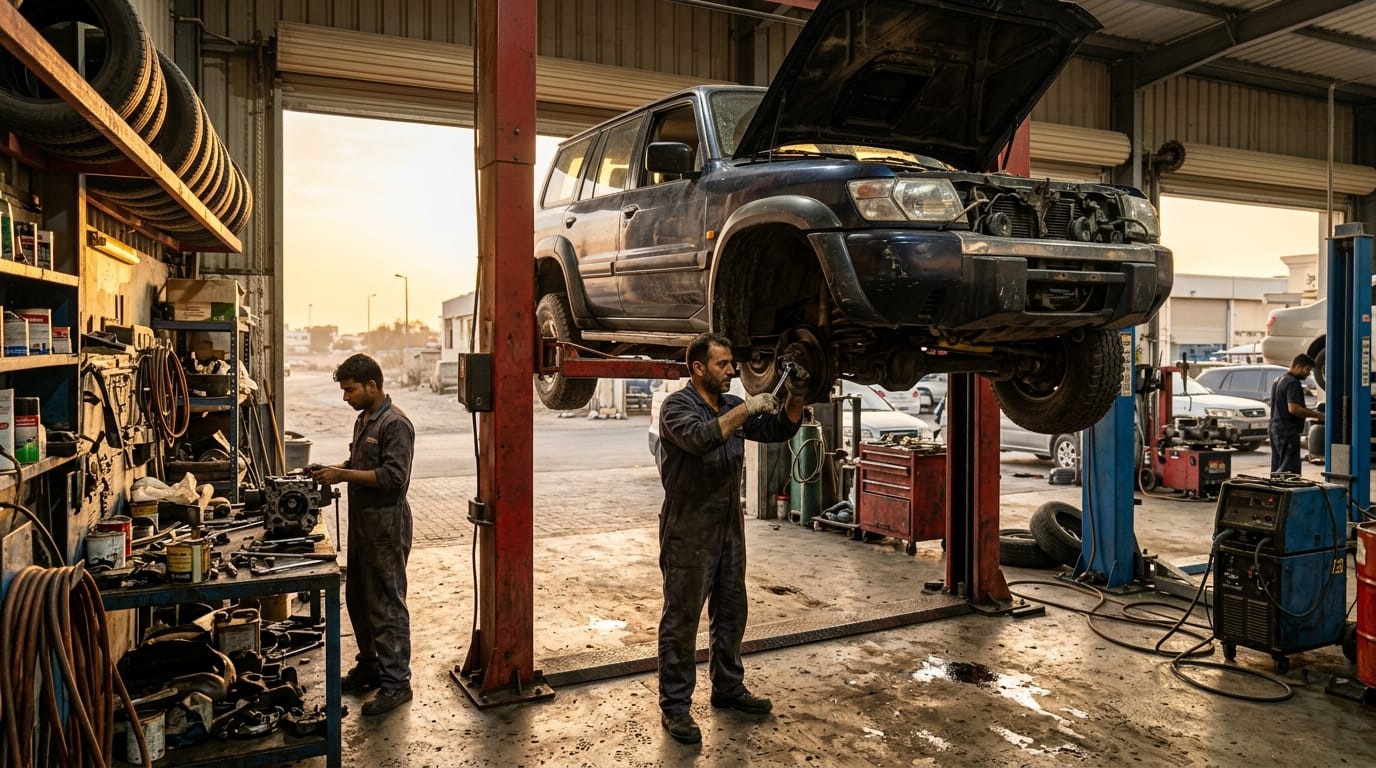 UAE garage workshop repairing a car under an insurance claim