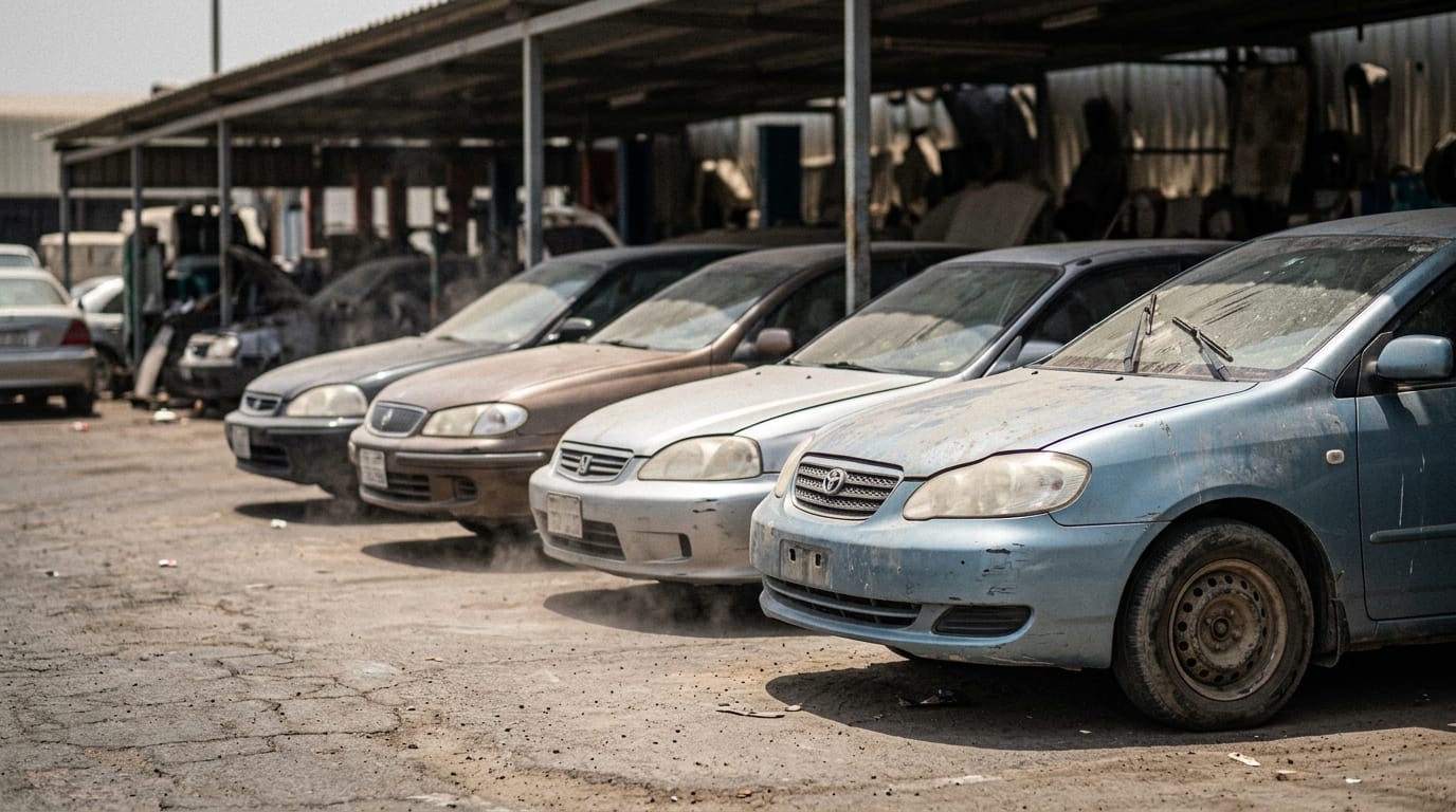 Used cars lined up at Al Quoz Industrial Area dealer lot during summer clearance season -->