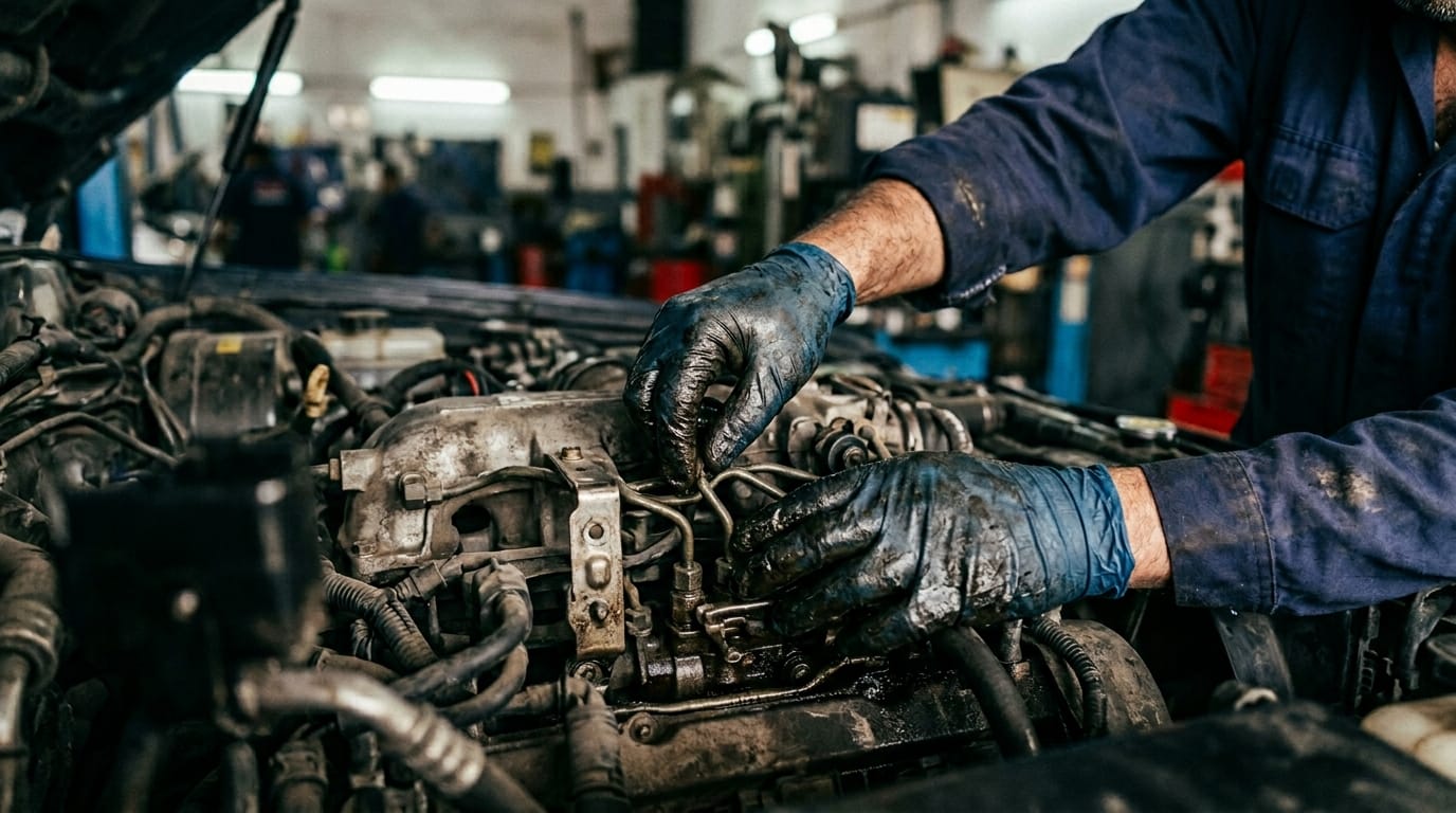 Mechanic performing pre-purchase inspection on used sedan engine bay in Al Quoz workshop