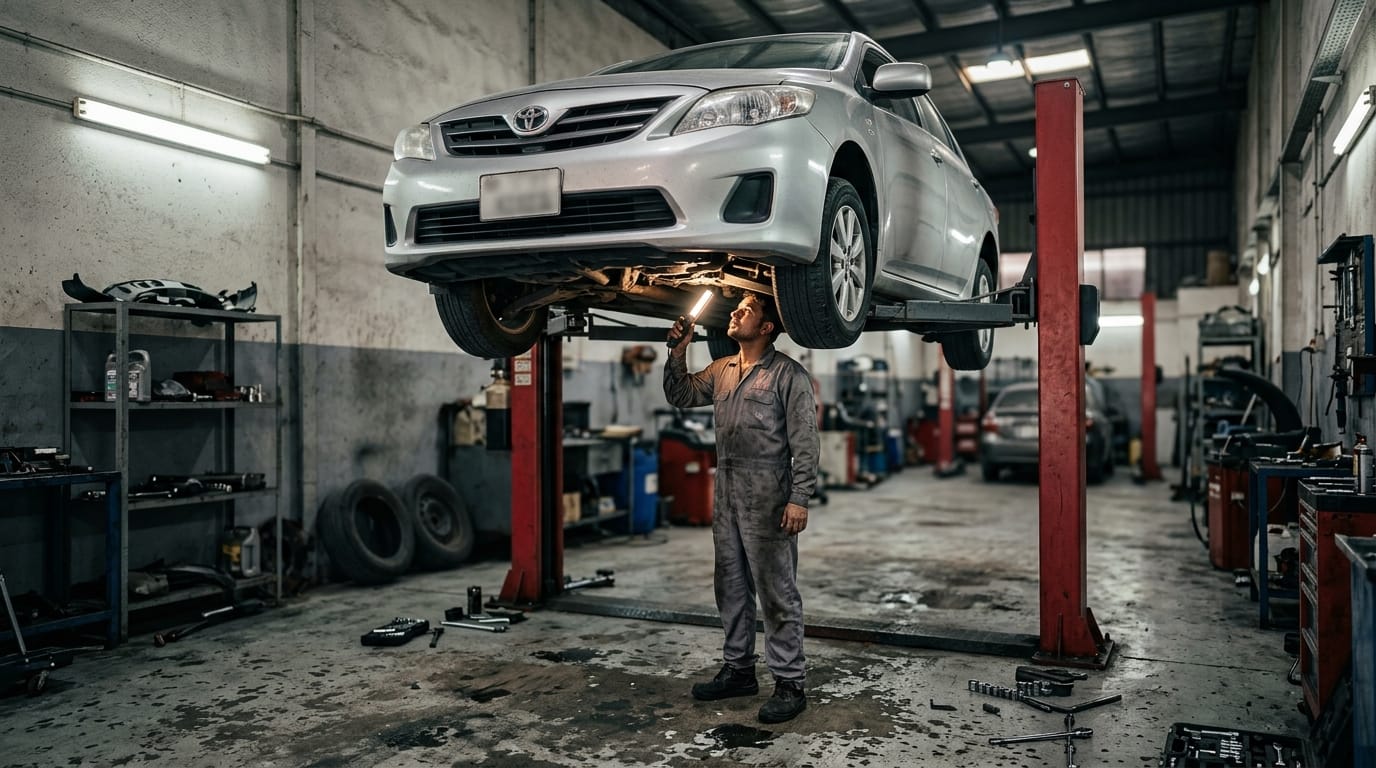Independent mechanic in Al Quoz workshop inspecting used Toyota Corolla undercarriage