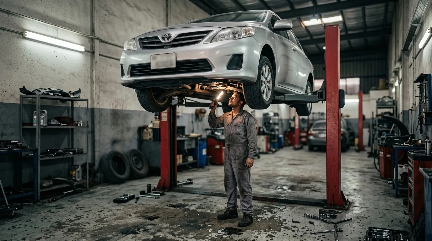 Independent mechanic in Al Quoz workshop inspecting used Toyota Corolla undercarriage