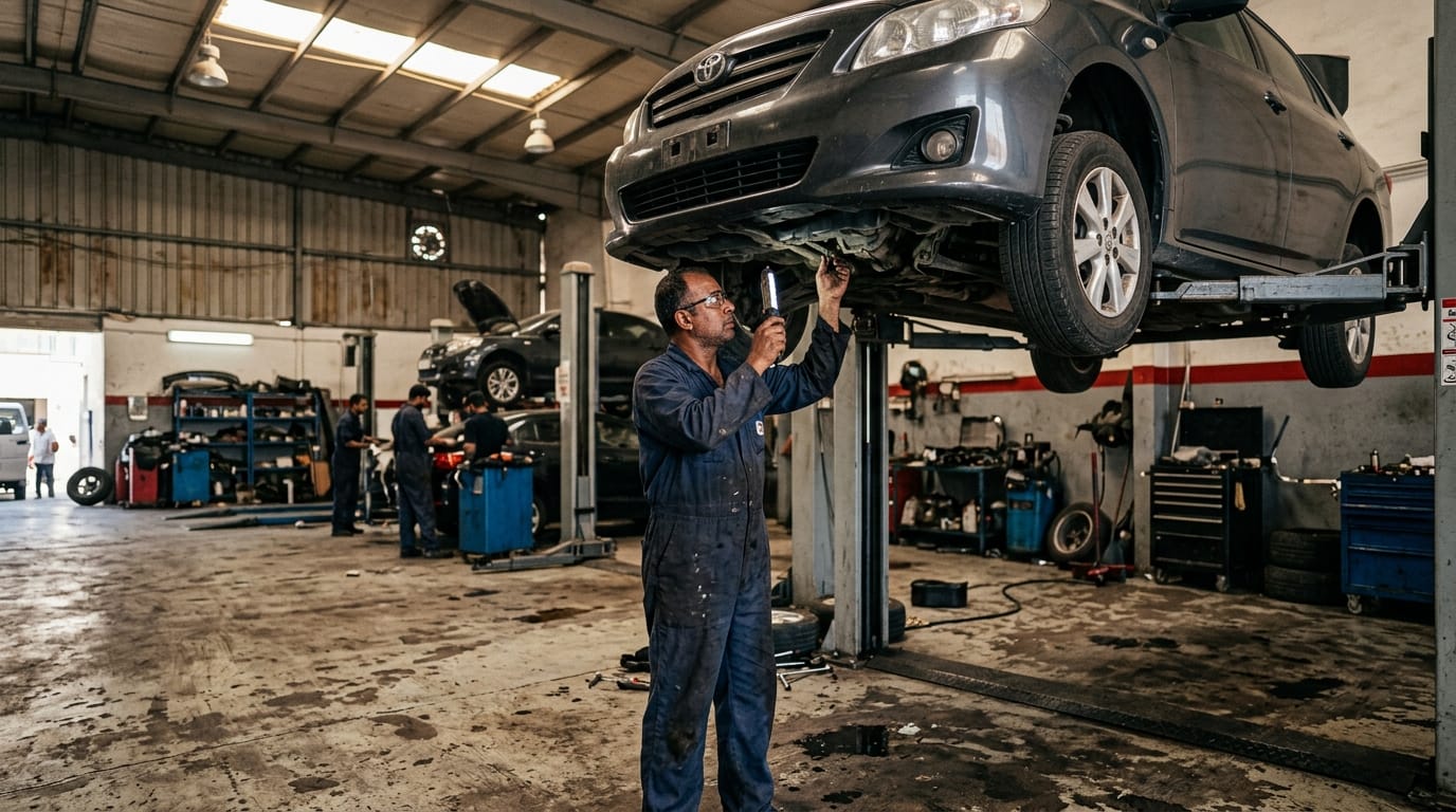 Used car being inspected at Al Quoz independent workshop prior to finance application in Dubai