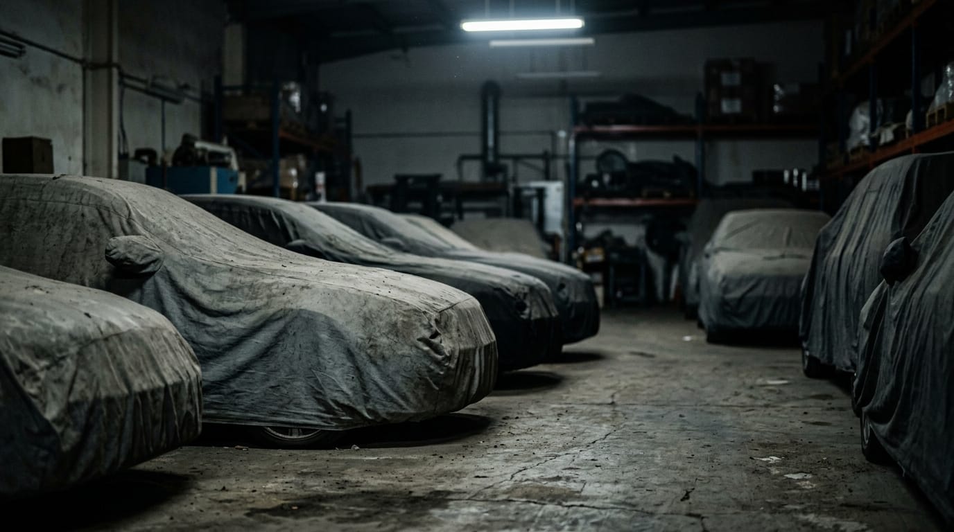 Covered vehicle storage facility in Al Quoz Dubai with cars parked under protective covers inside industrial unit
