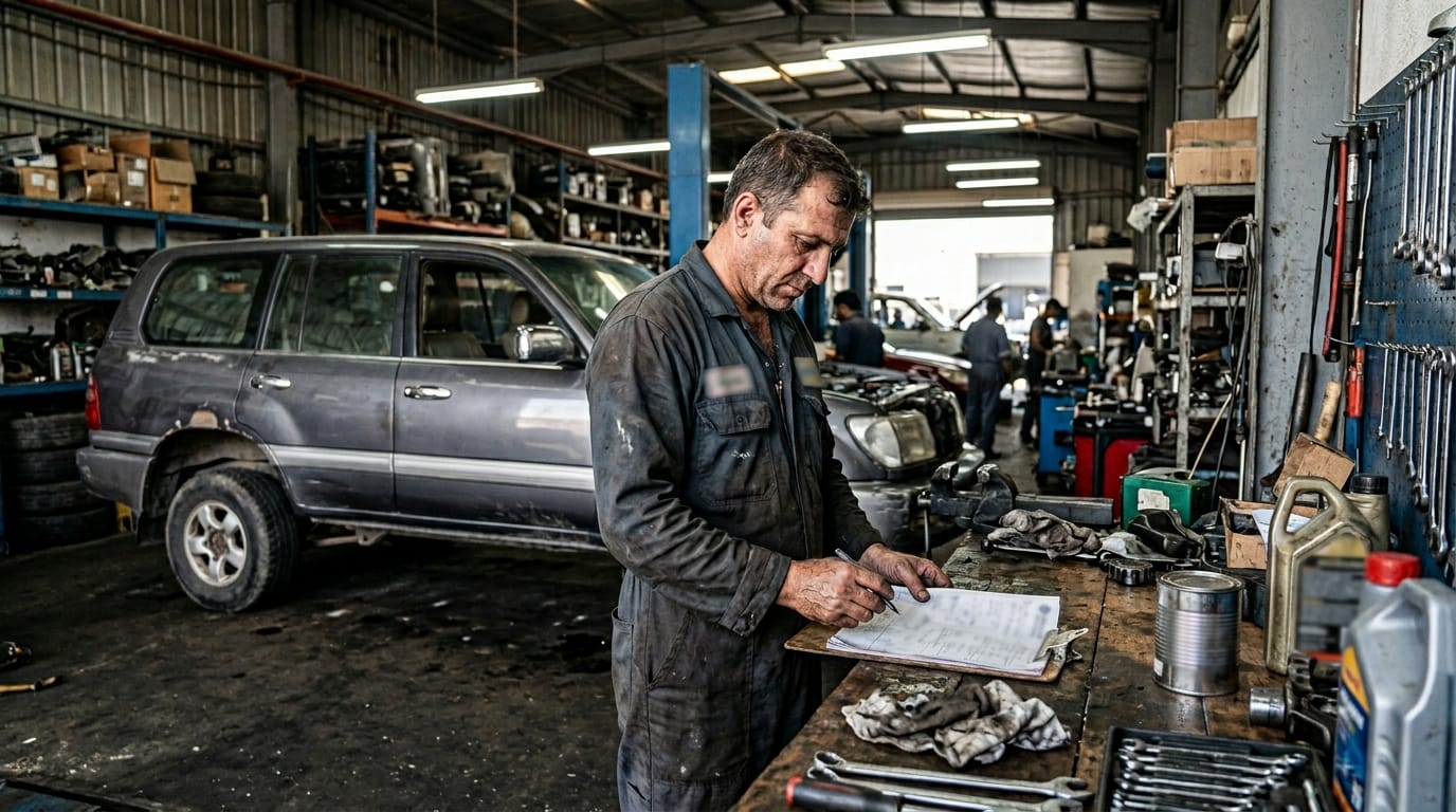 Male expat worker reviewing vehicle loan documents at a UAE bank counter under fluorescent lighting in Dubai