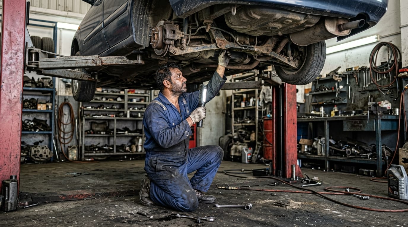 Independent mechanic inspecting undercarriage of used car on hydraulic lift in Al Quoz workshop Dubai UAE