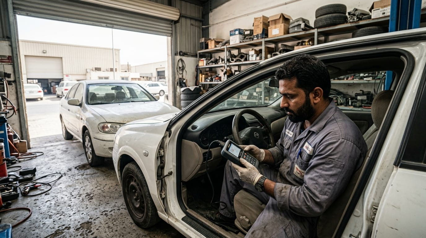 Mechanic in Al Quoz workshop reviewing OBD scanner results on a used Nissan Sunny before UAE registration inspection