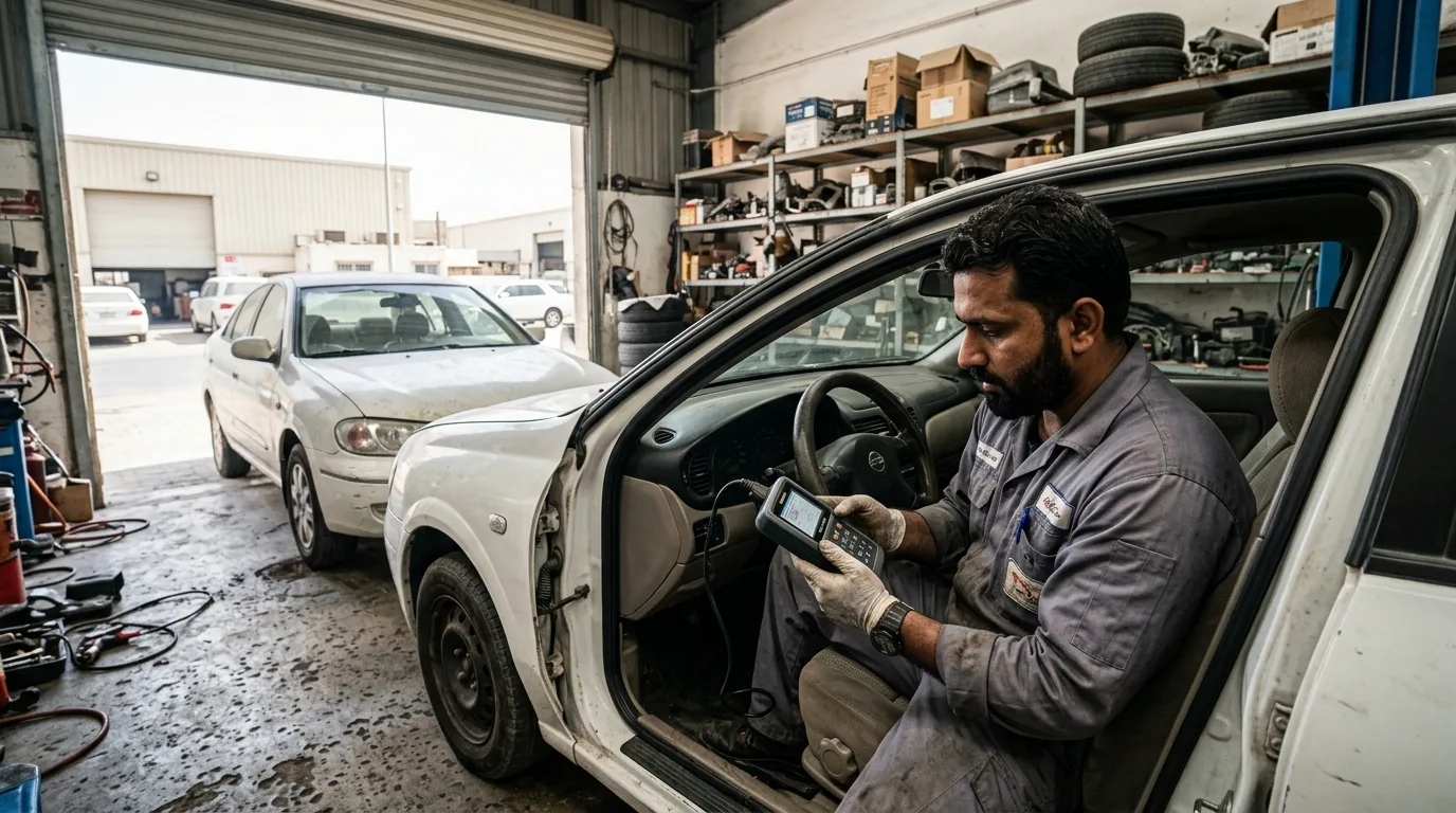 Mechanic in Al Quoz workshop reviewing OBD scanner results on a used Nissan Sunny before UAE registration inspection