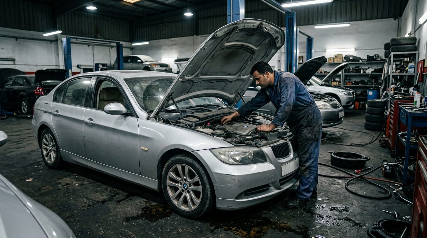 Pre-owned BMW cars at an independent Al Quoz Dubai workshop with mechanic inspecting engine bay