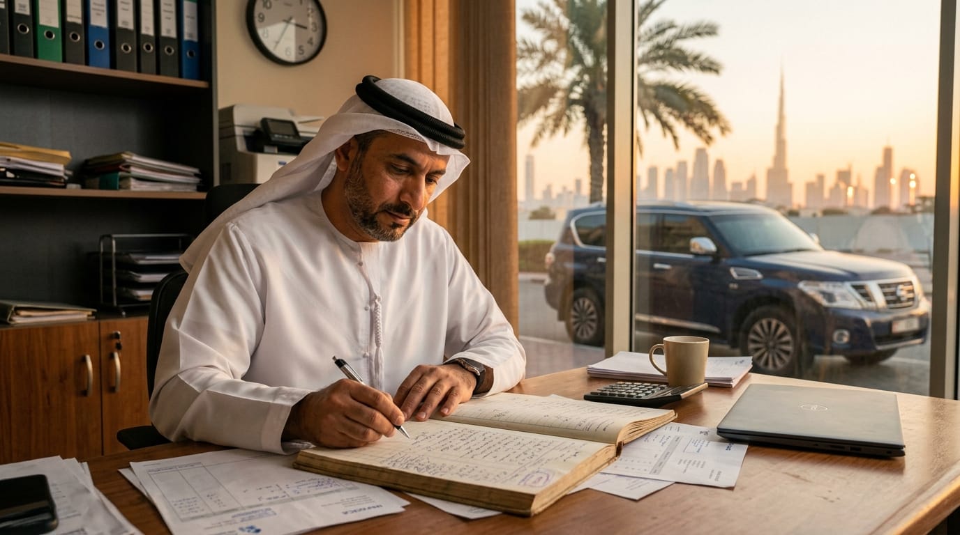 business owner reviewing vehicle expense invoices in a Dubai office