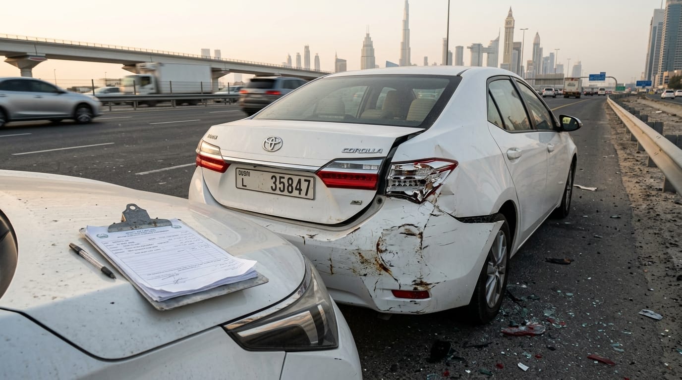 Damaged car front bumper after a rear-end collision in Dubai parking lot, inspection paperwork visible