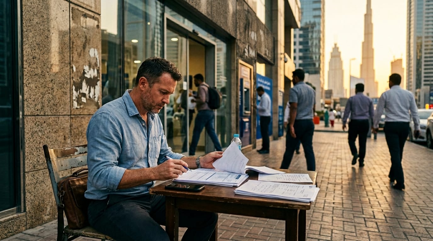 Self-employed expat reviewing car loan documents at a UAE bank branch with a car parked outside