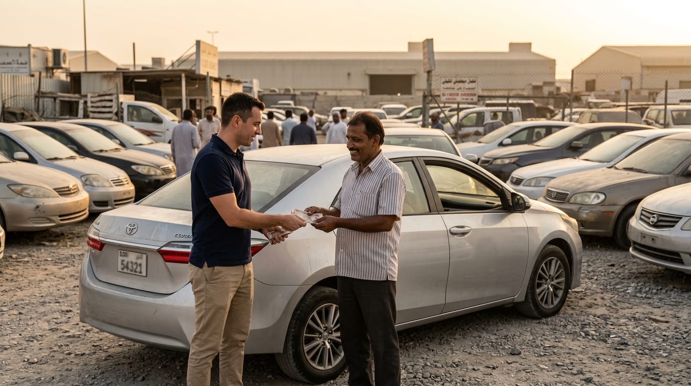 Cash transaction for used car purchase at Al Quoz used car market Dubai