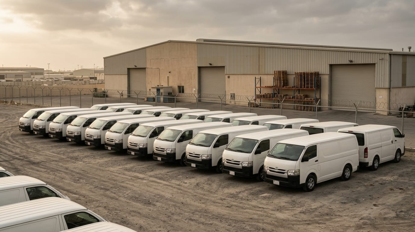 Commercial fleet vehicles parked in rows at UAE logistics company yard Sharjah industrial area