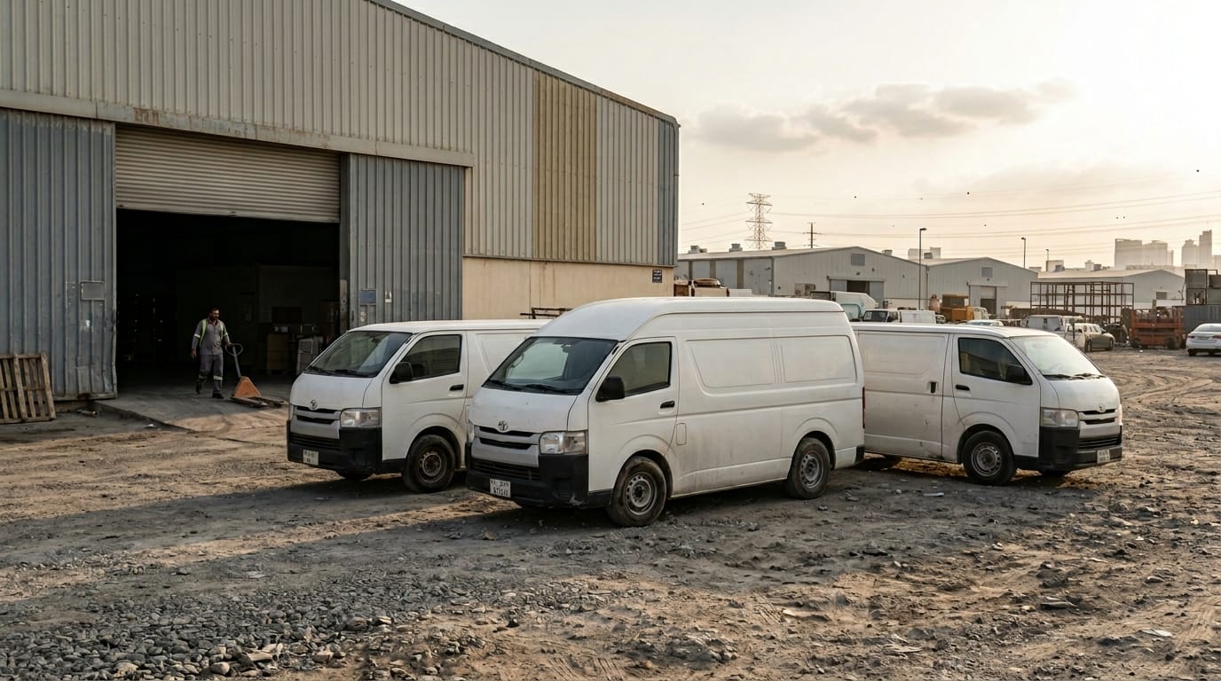 Small fleet of commercial vans parked outside a business in Al Quoz Industrial Area Dubai