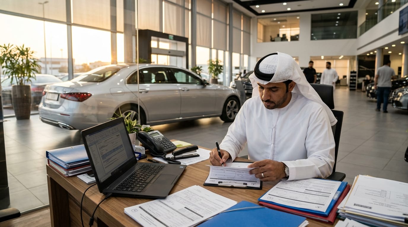 Expat reviewing car insurance paperwork at a Dubai showroom