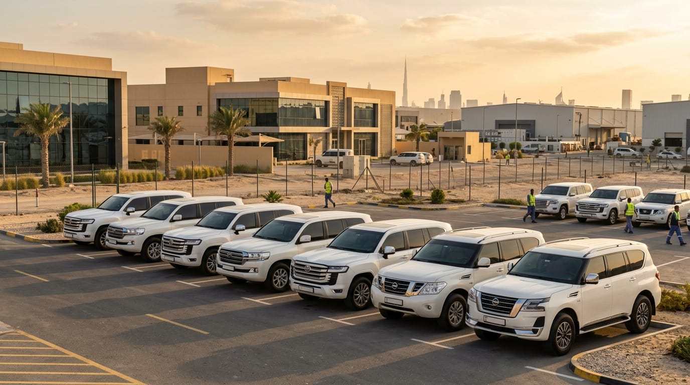 Corporate fleet of white SUVs parked in a Dubai industrial zone during golden hour