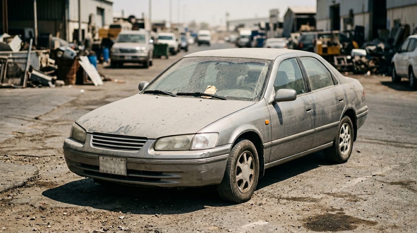 Car parked in Dubai International Airport long-term parking with accumulating daily ticket on windshield