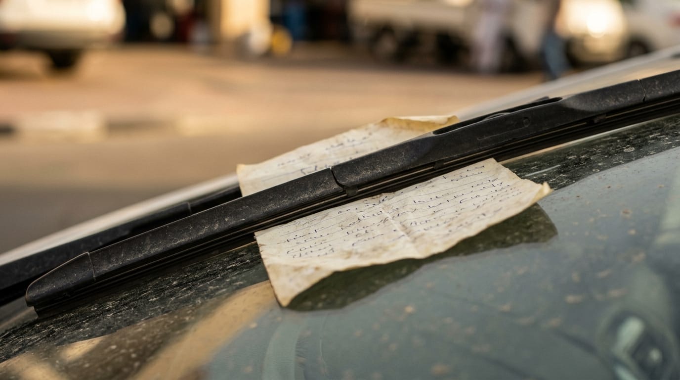Dubai Police traffic fine notice paper on vehicle windscreen parked on urban street