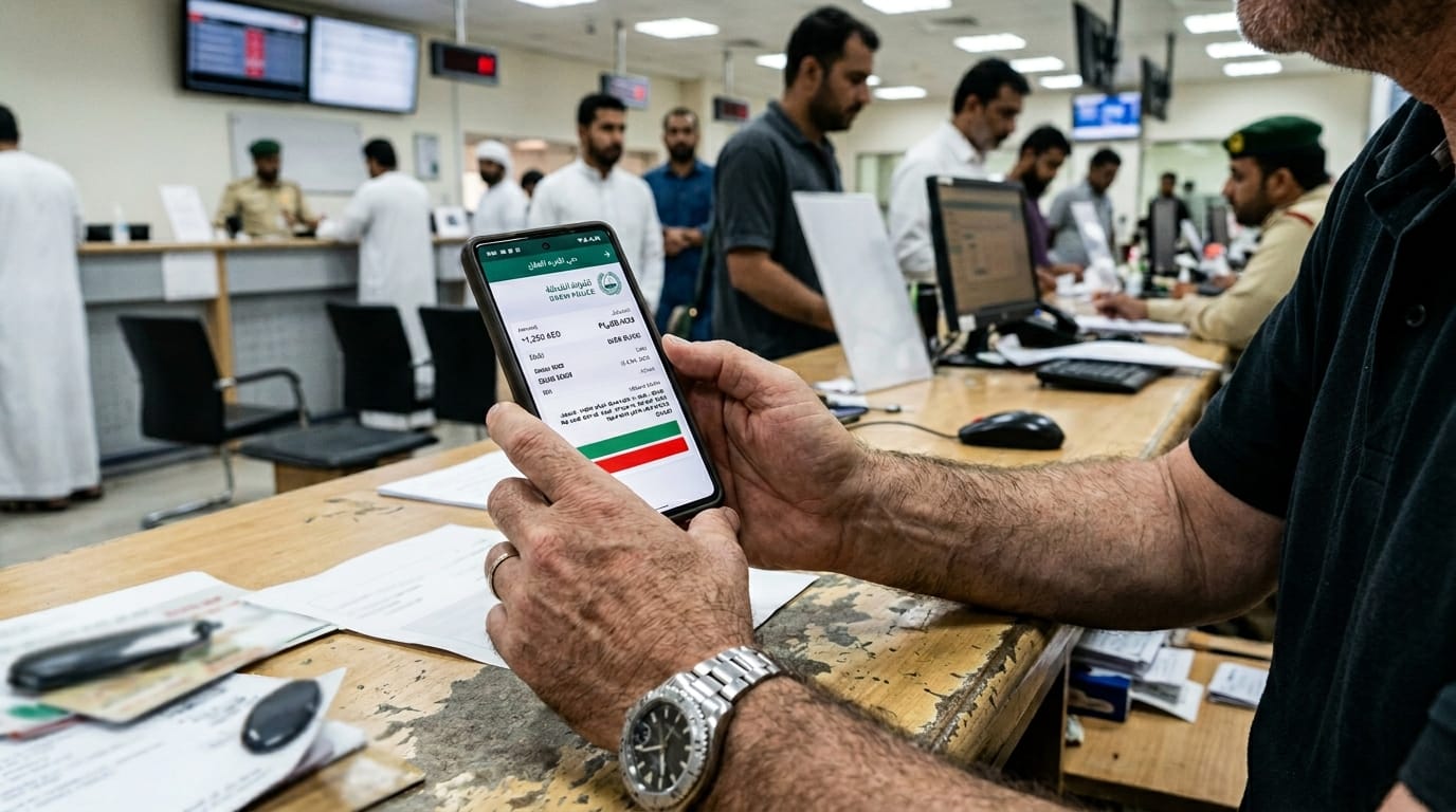 Dubai Police traffic fine appeal process steps shown on phone screen in Al Quoz office