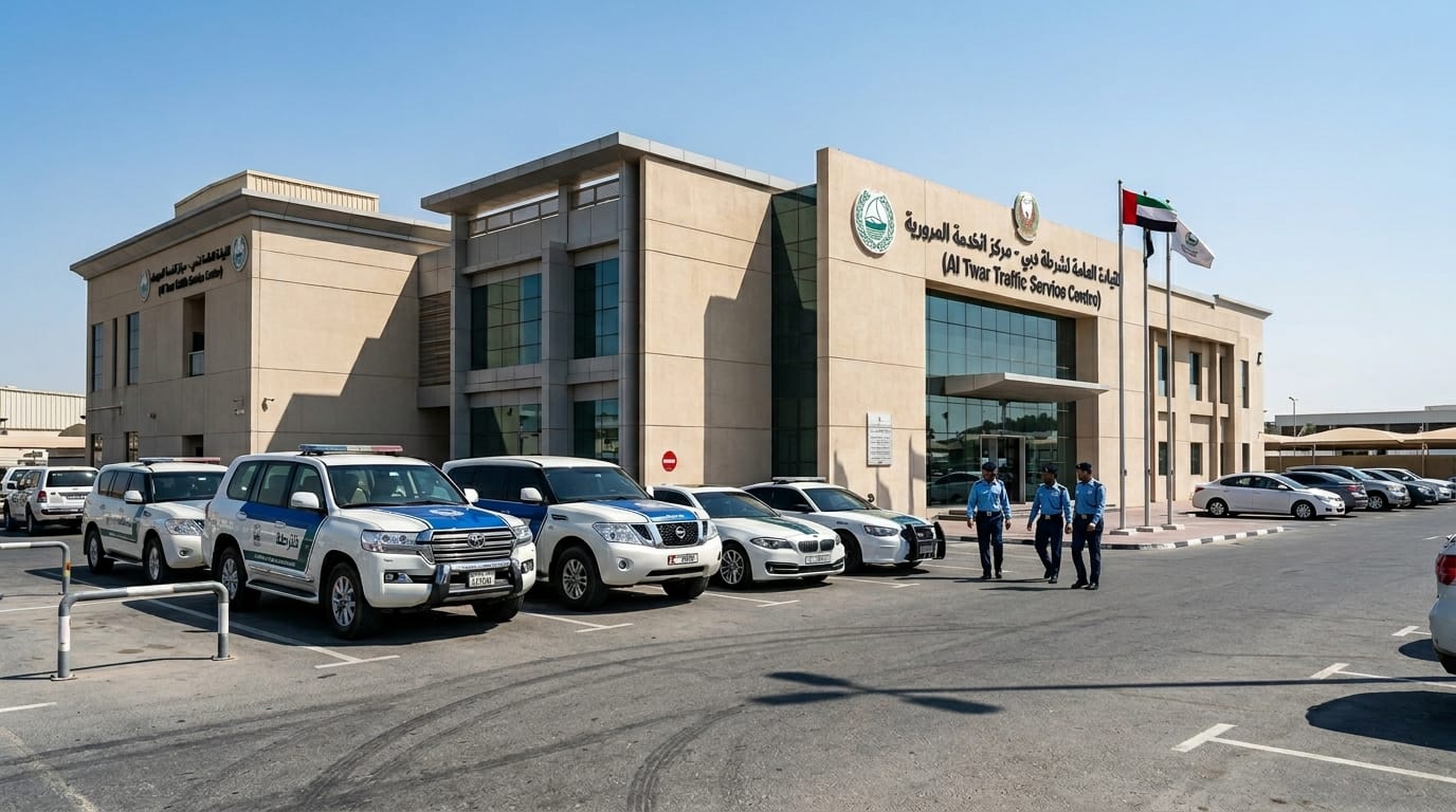 Dubai Police traffic services center exterior in Al Twar area showing entrance signage and parking