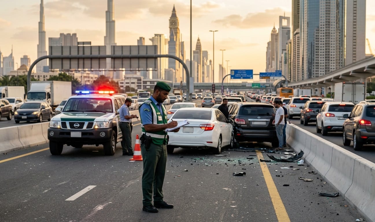 Dubai traffic police officer at road accident scene recording details