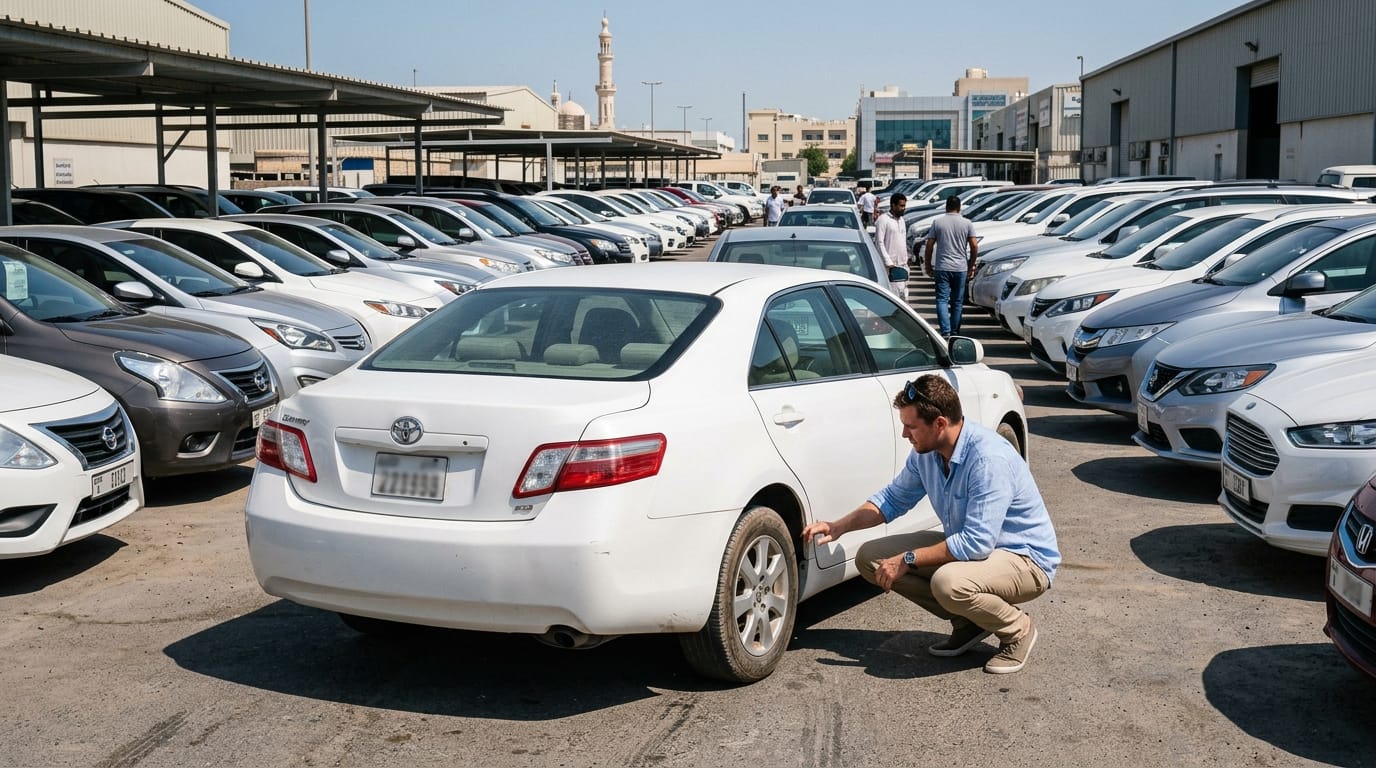 Used car market in Dubai Al Quoz area, rows of sedans and SUVs under afternoon sun, expat buyer inspecting vehicle exterior