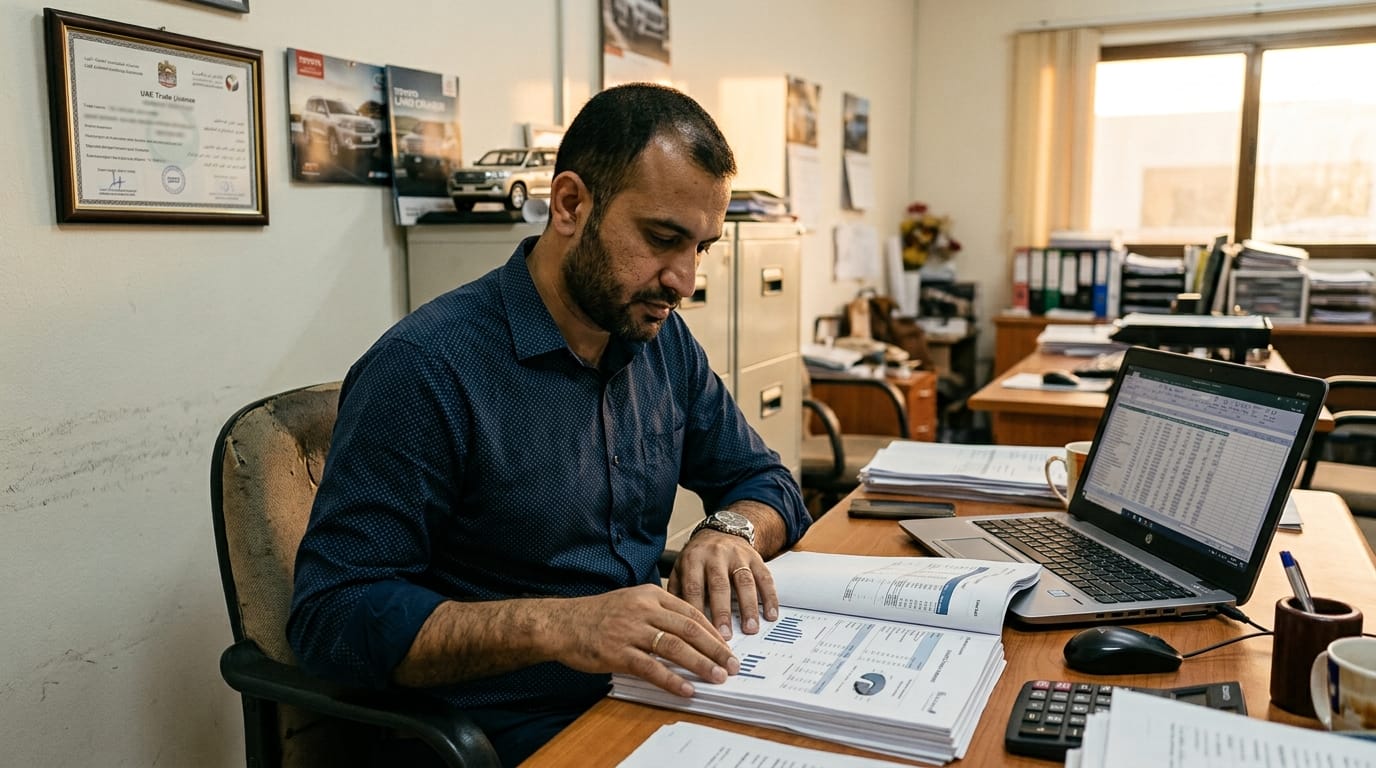 Expatriate business owner reviewing audited financial documents in UAE automotive trading office