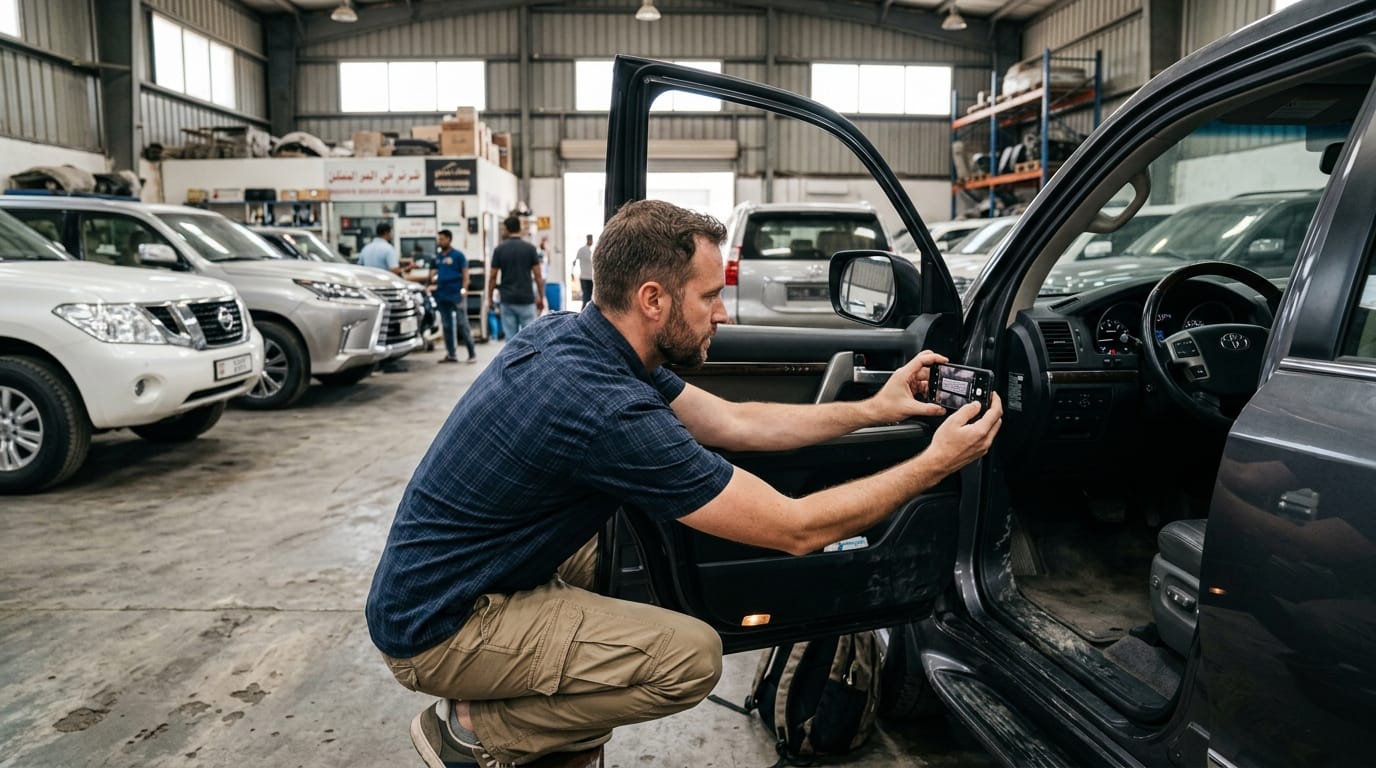 Expat buyer photographing used car VIN plate and dashboard in UAE dealership showroom