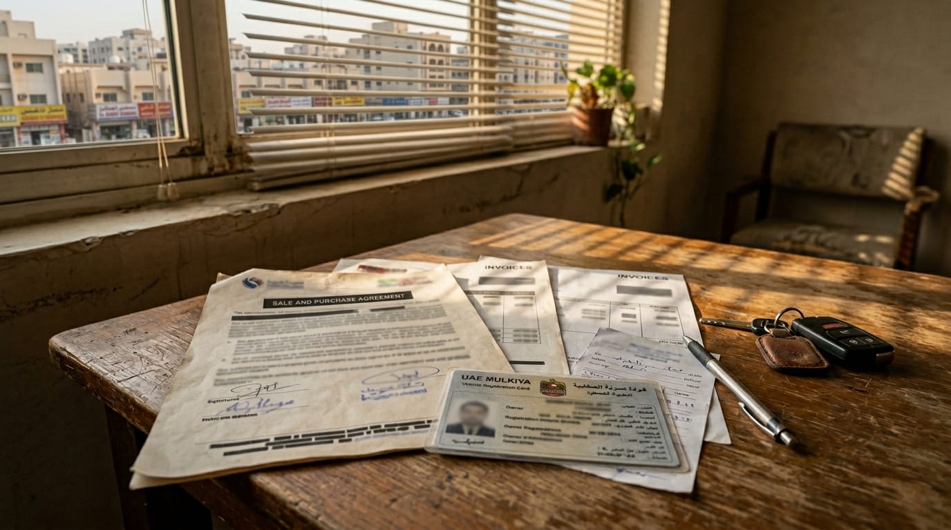 Expat reviewing car documents and receipts on a table before contacting consumer protection UAE