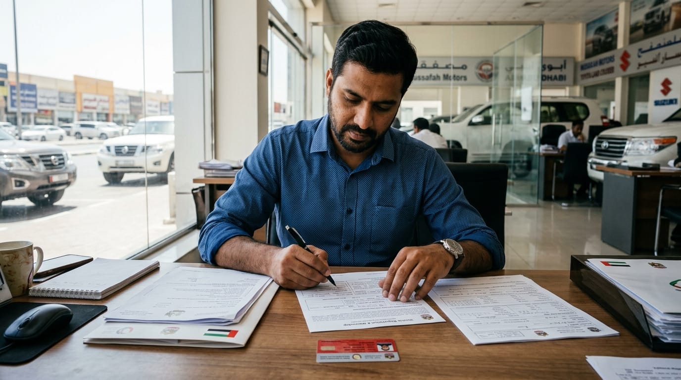 Expat male buyer reviewing car Mulkiya and inspection documents at Abu Dhabi dealer showroom desk