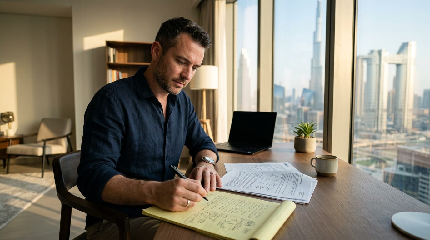 Expat reviewing car insurance policy documents and claim form at desk in Dubai apartment