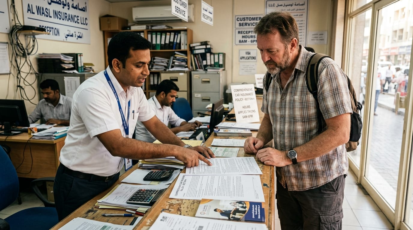 Expat reviewing car insurance documents at UAE insurance office counter