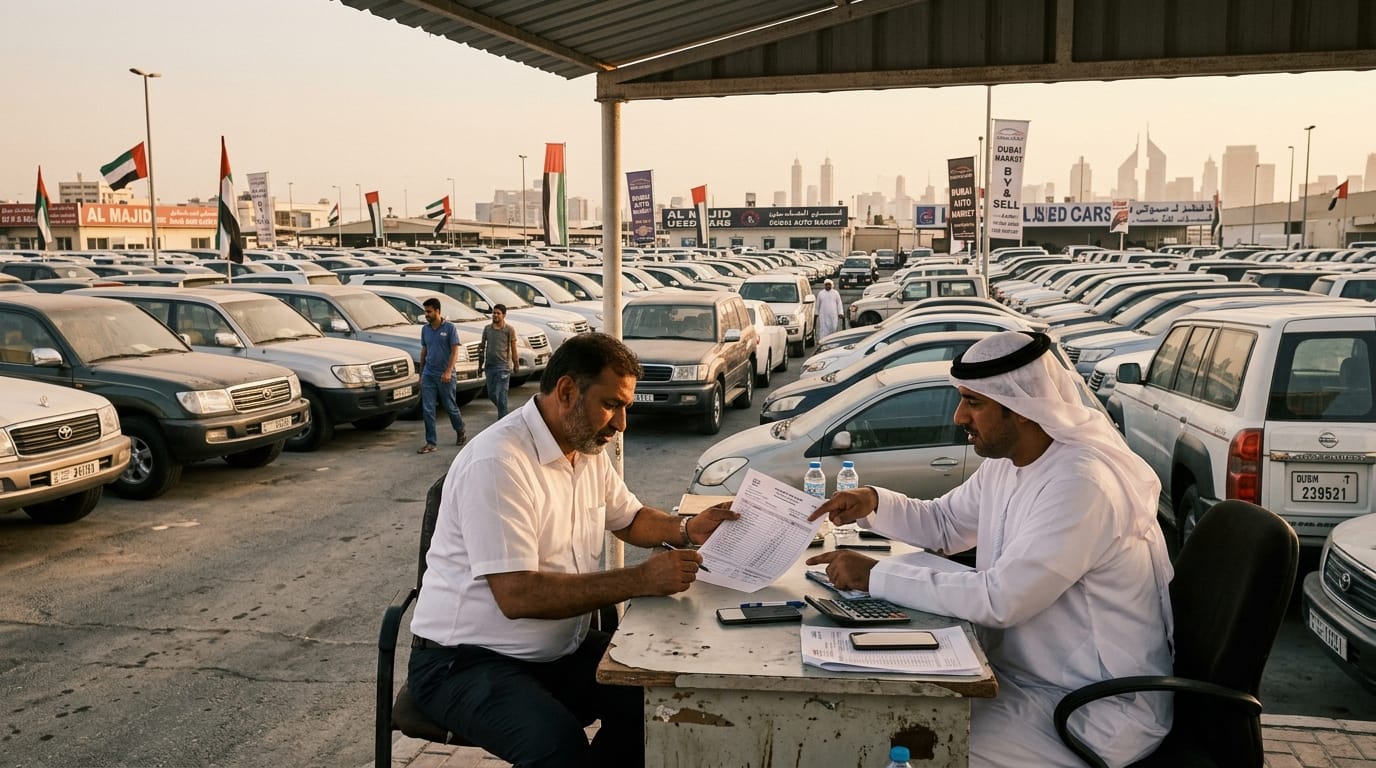 Expat seller reviewing car valuation offer with dealer at Al Aweer Used Car Complex Dubai