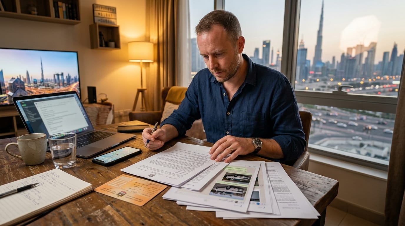 Expat reviewing car sale documents and inspection reports on a desk in a Dubai apartment preparing a legal case file