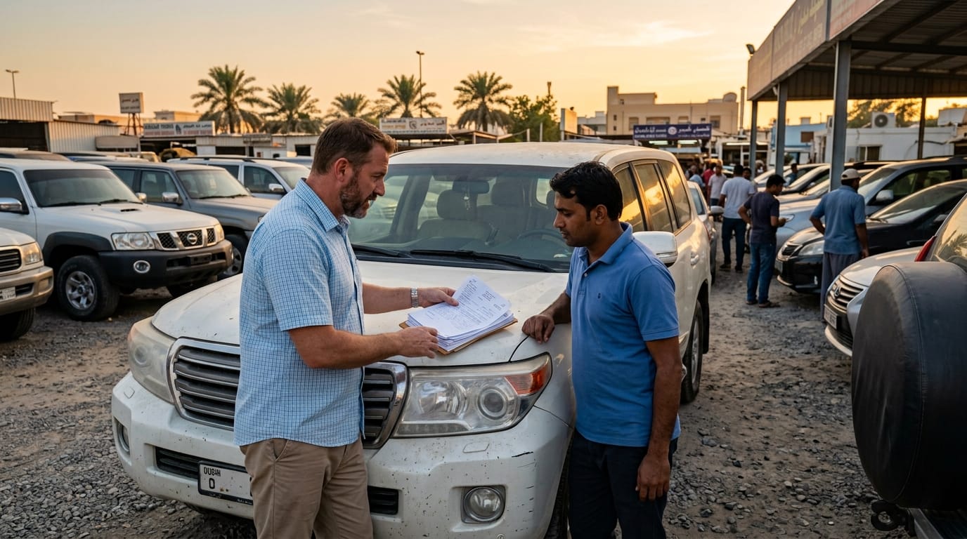 Expat seller showing car documents to buyer at Al Quoz used car lot Dubai