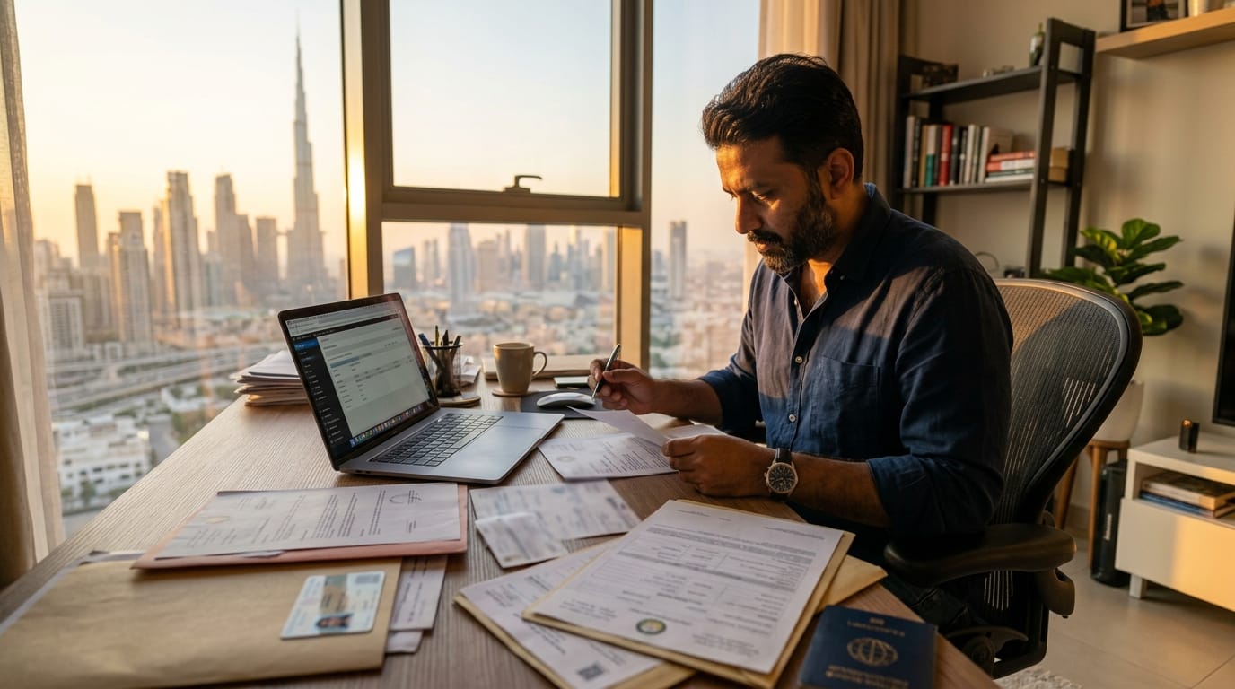 Expat driver reviewing traffic fine documents and photos on desk in Dubai apartment near window