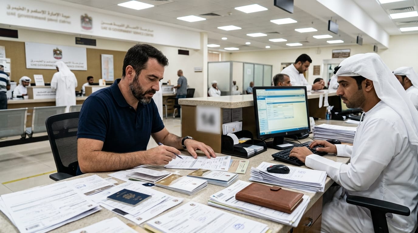 Expat checking traffic fine documents at UAE government service centre