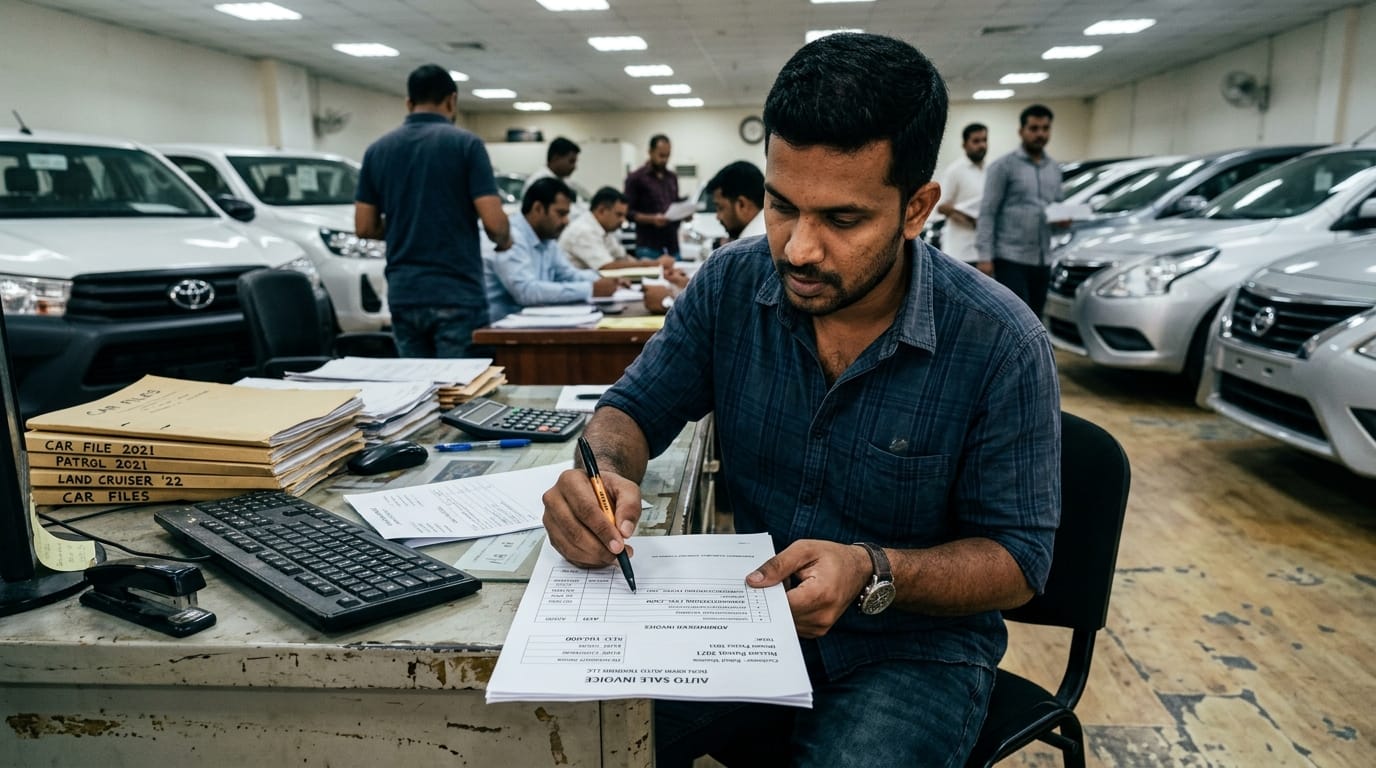 Expat reviewing used car purchase contract at Dubai dealership with hidden fee checklist