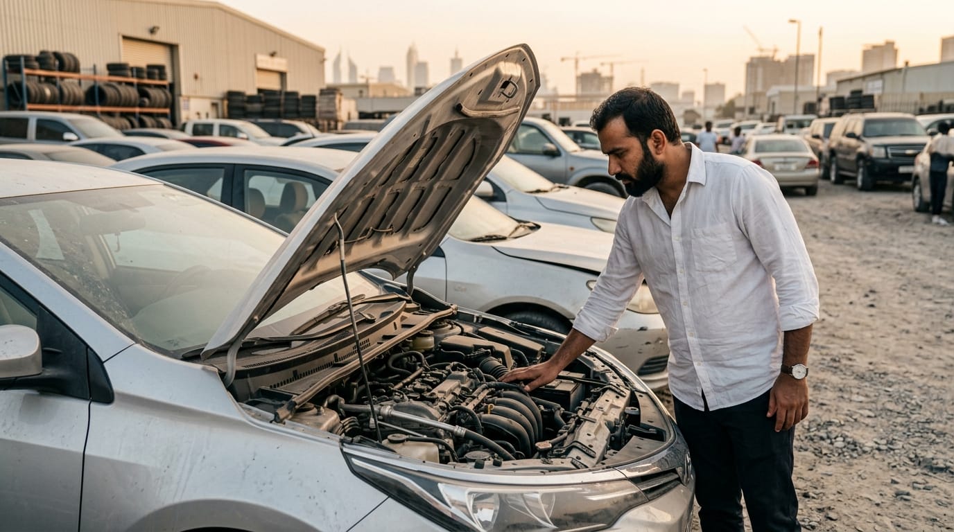 Expat buyer checking under the hood of a used Toyota Corolla in an Al Quoz used car lot, Dubai