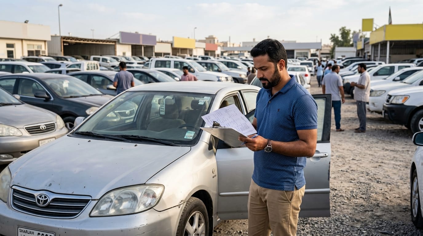 Expat examining used car documents and pricing sheet at Abu Shagara Sharjah used car market