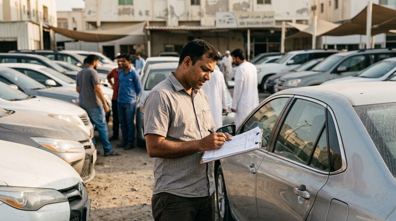 Expat examining used car documents and pricing sheet at Abu Shagara Sharjah used car market