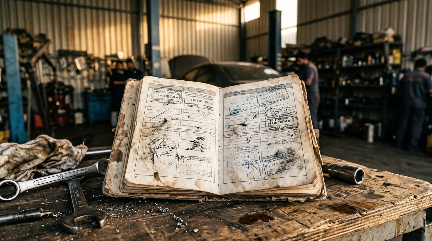 Used car service book with stamps being examined by a mechanic in an Al Quoz workshop Dubai