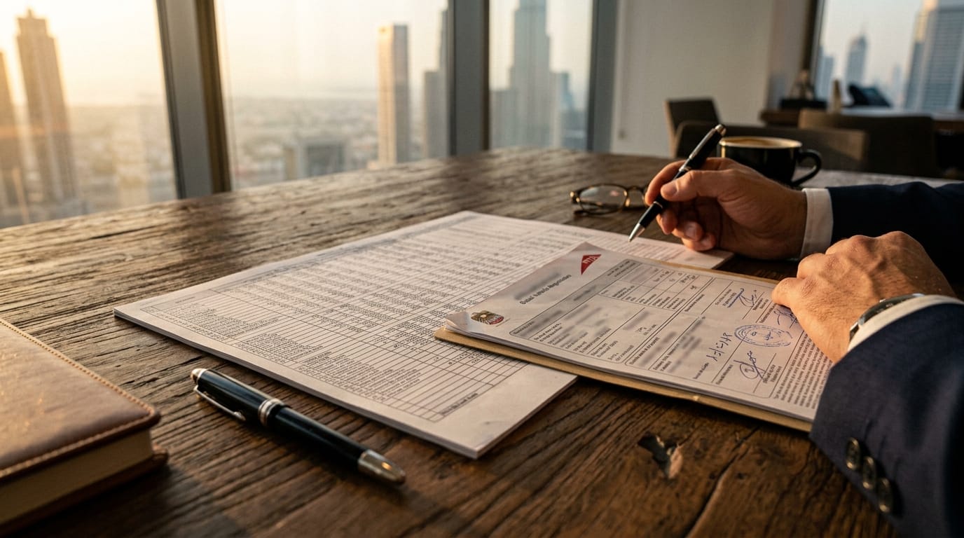 Business owner reviewing fleet asset register documents in a Dubai office during golden hour